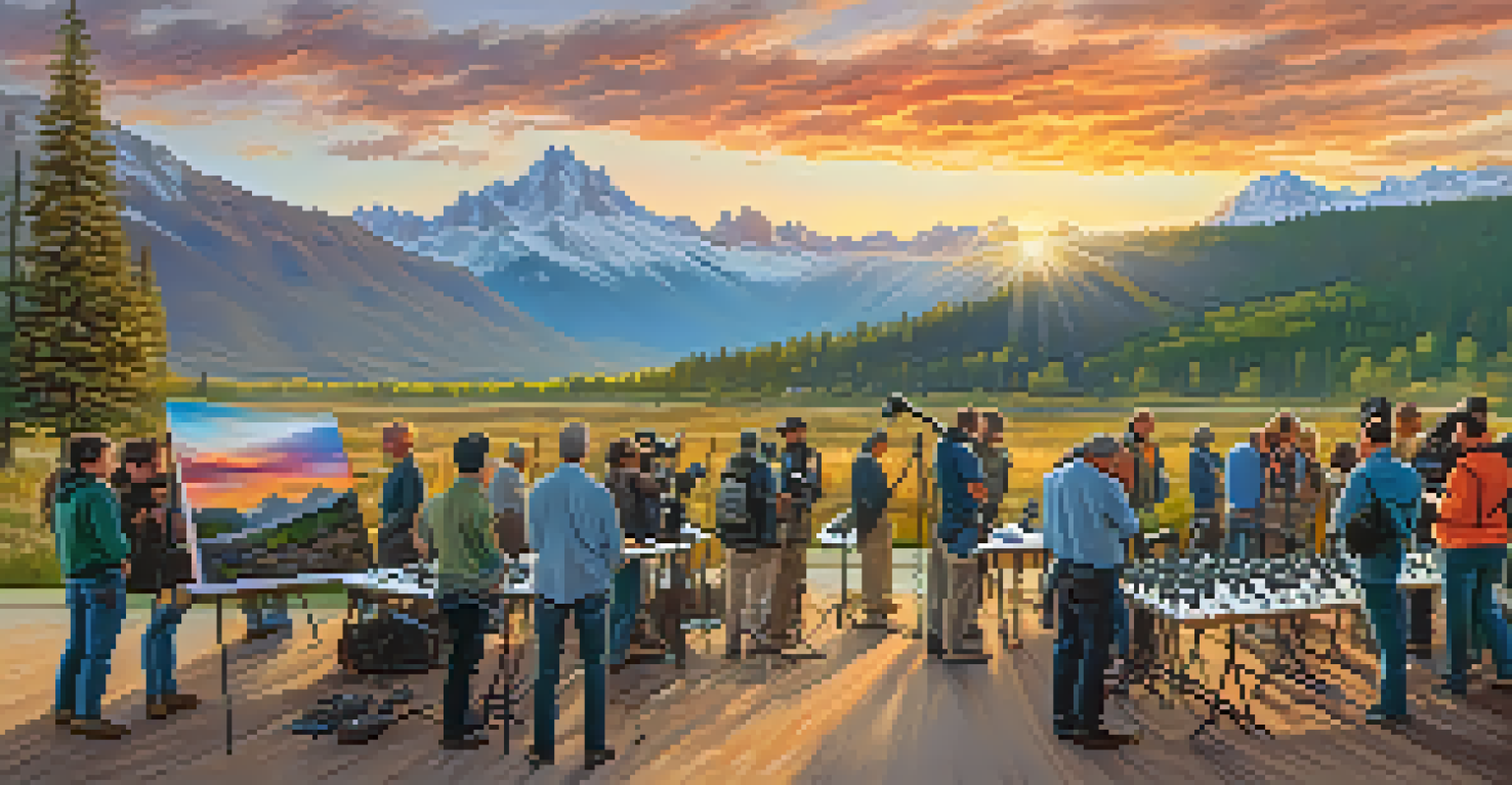 Photographers at an outdoor contest, surrounded by beautiful landscapes and sunset lighting.