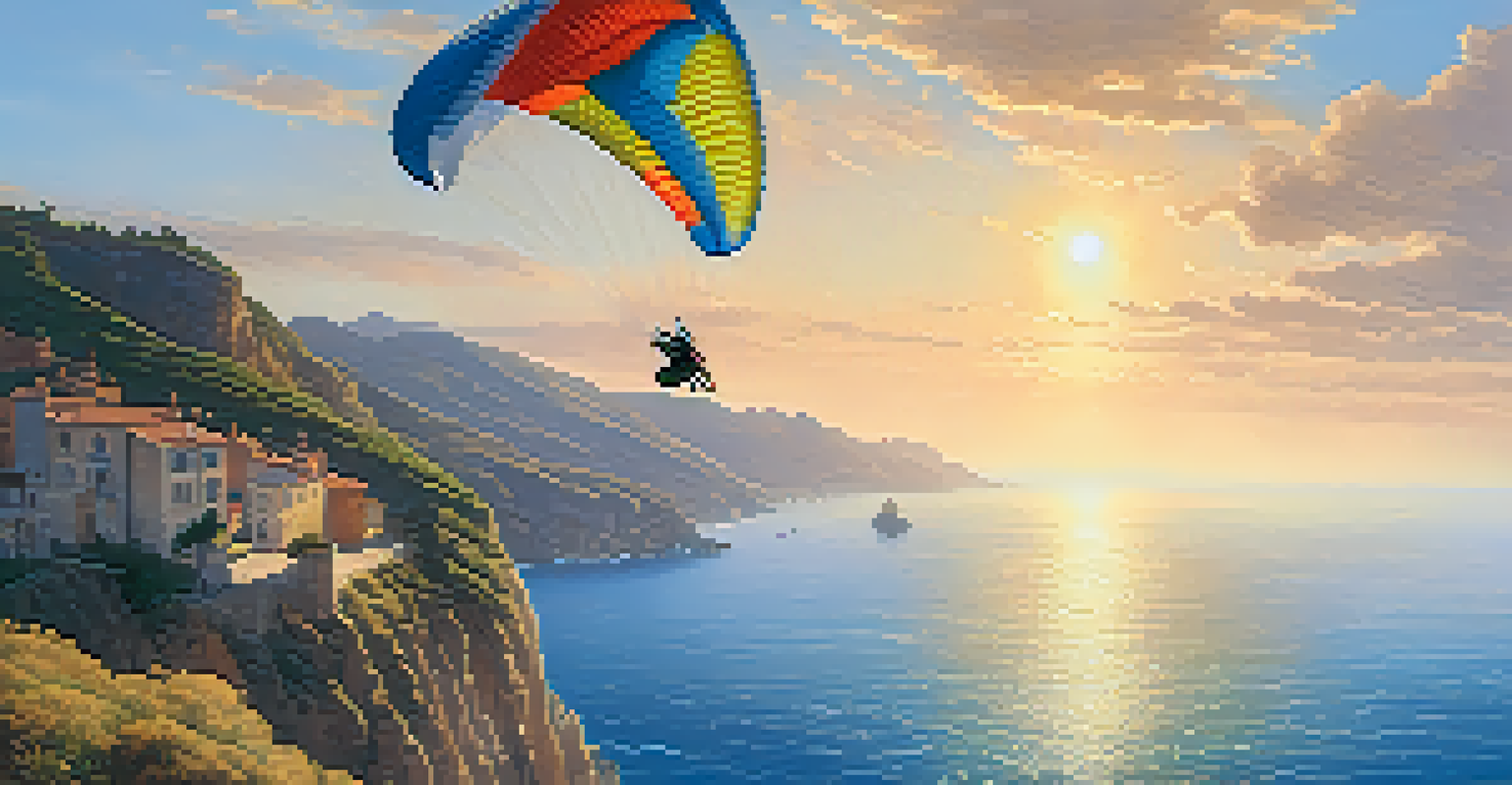 An adventurer paragliding over a beautiful coastline at sunset, with a colorful parachute and a view of the ocean and cliffs.