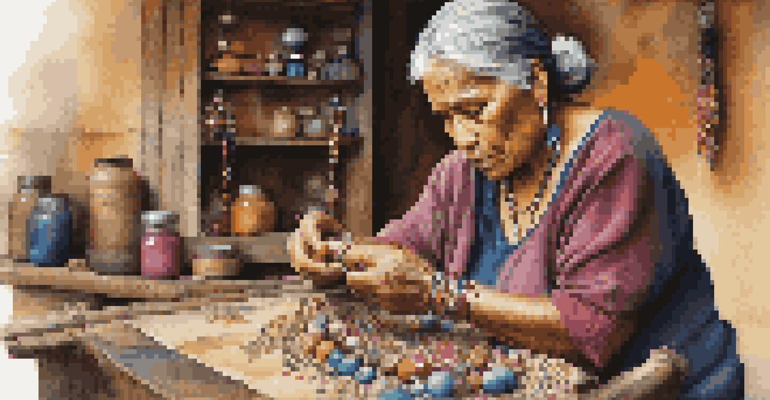 An Indigenous artisan creating handmade jewelry with colorful beads, focused and surrounded by natural materials in warm lighting.
