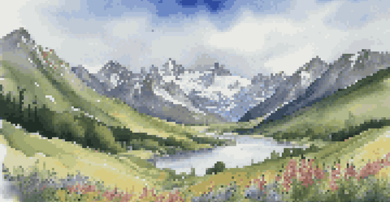 A breathtaking mountain view with green valleys, a river, and snow-capped peaks under a clear blue sky.