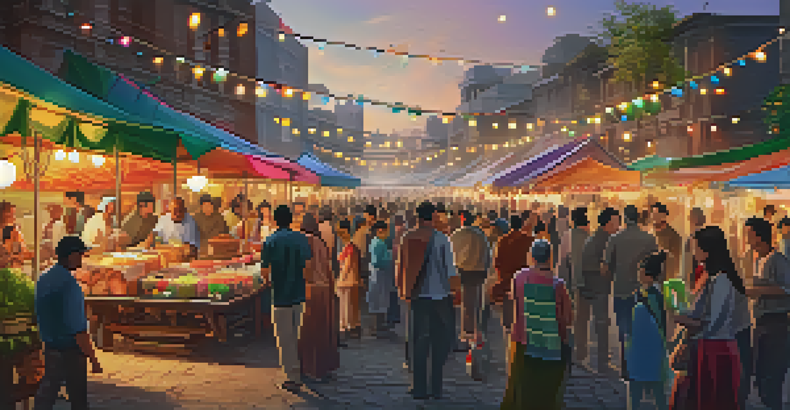 A lively festival market scene with colorful stalls and people celebrating.