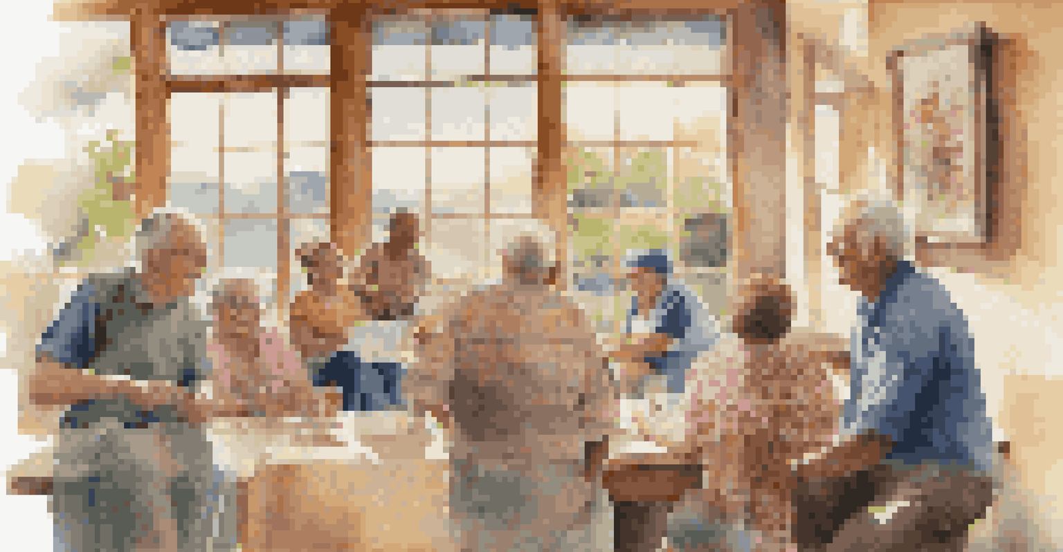 A volunteer and local residents sharing stories in a community center filled with local art, illuminated by soft natural light.