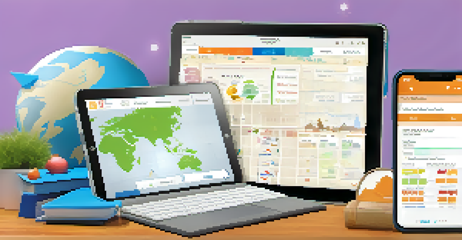 A tablet displaying an organized travel expense tracker with colorful graphs, surrounded by travel-themed décor.