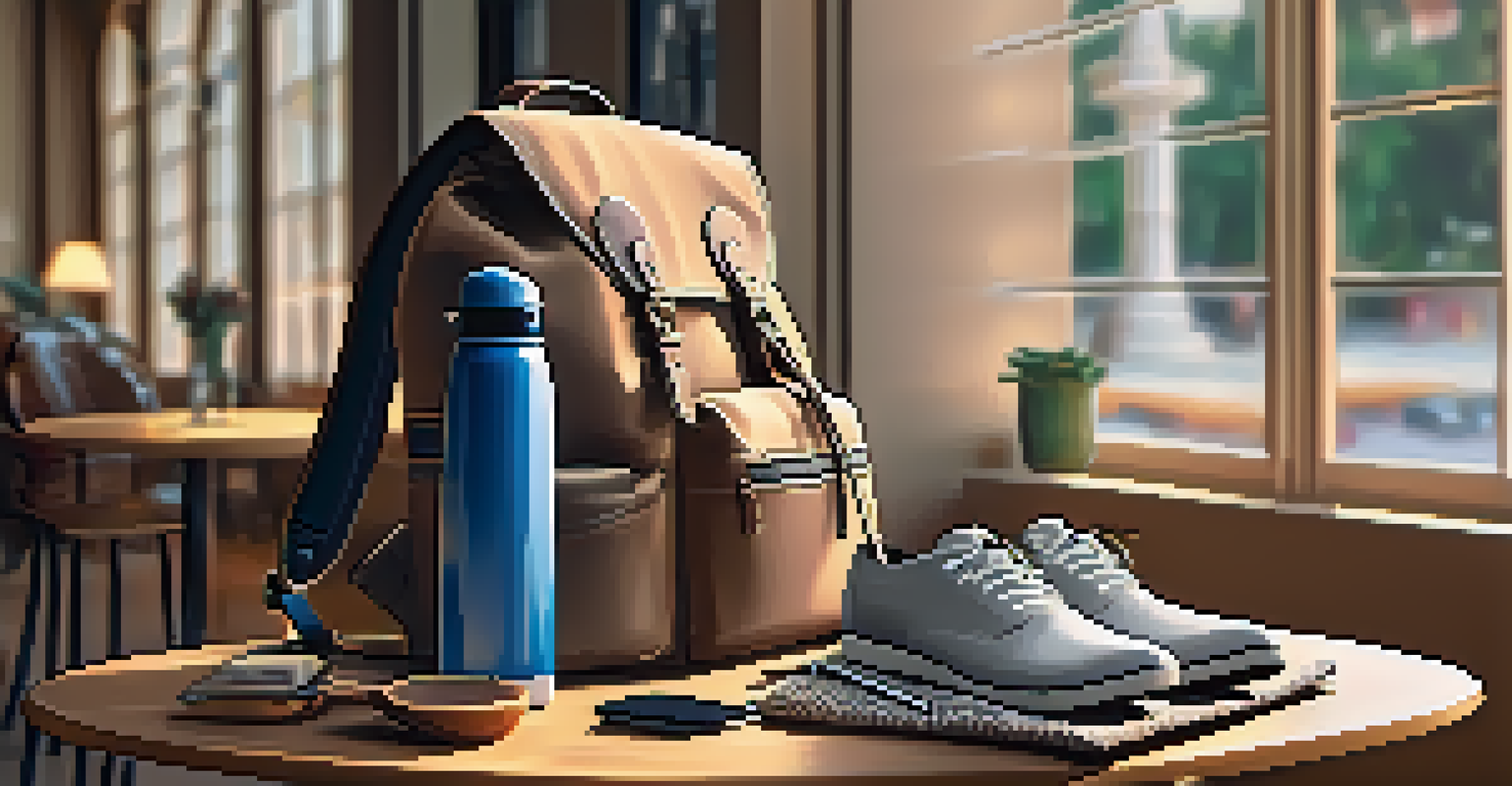 An open travel backpack on a café table displaying packed clothing, a water bottle, sunglasses, and an umbrella.