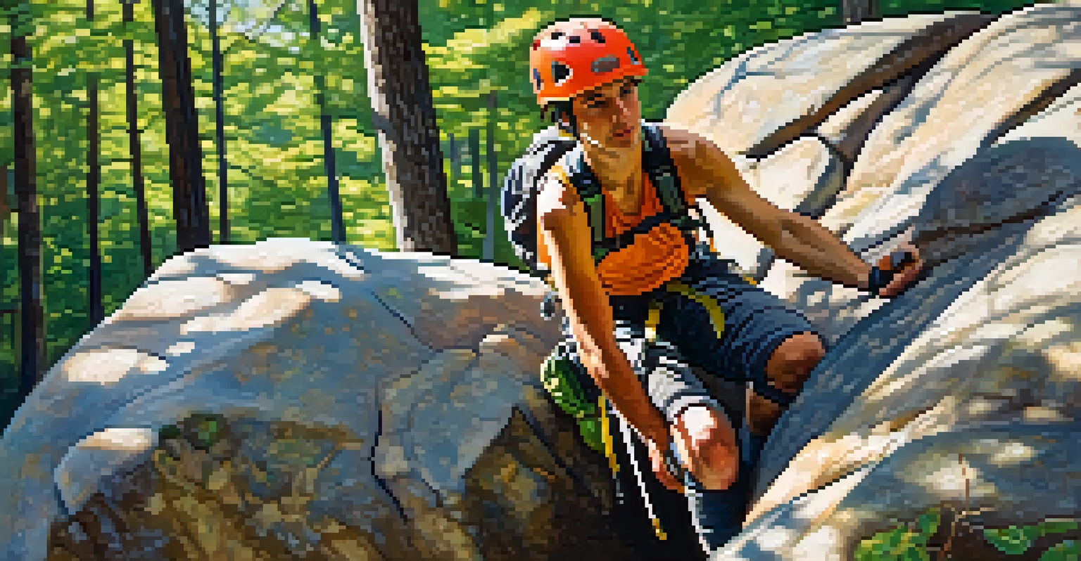 A climber on a sandstone boulder in a forested area of Fontainebleau.