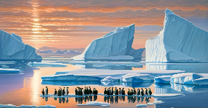 A scenic Antarctic landscape at sunset with icebergs and Emperor penguins.