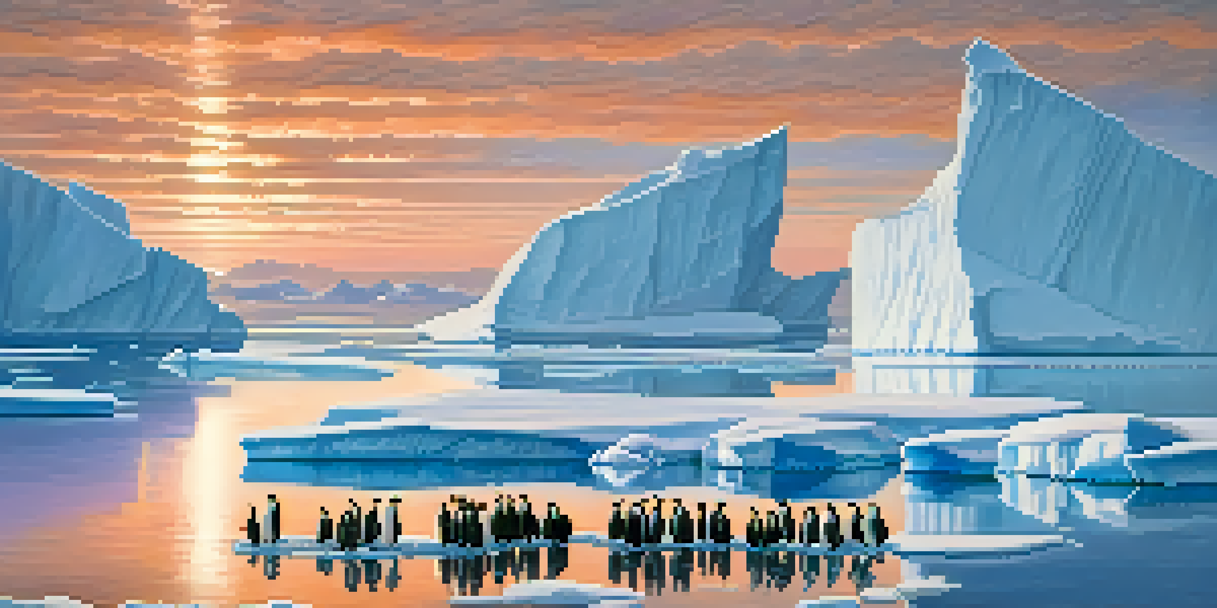 A scenic Antarctic landscape at sunset with icebergs and Emperor penguins.