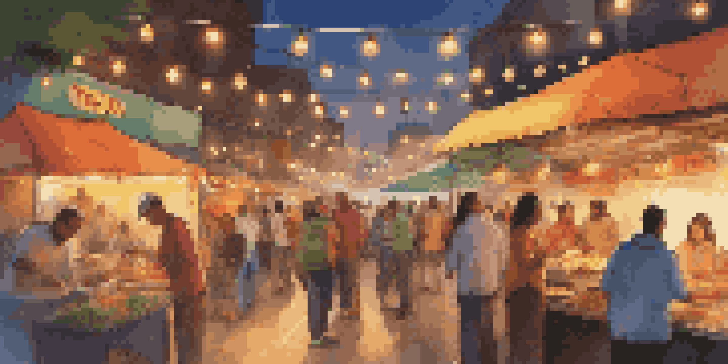 A lively street food market at dusk, filled with colorful stalls and vendors serving diverse dishes to a crowd of happy diners.