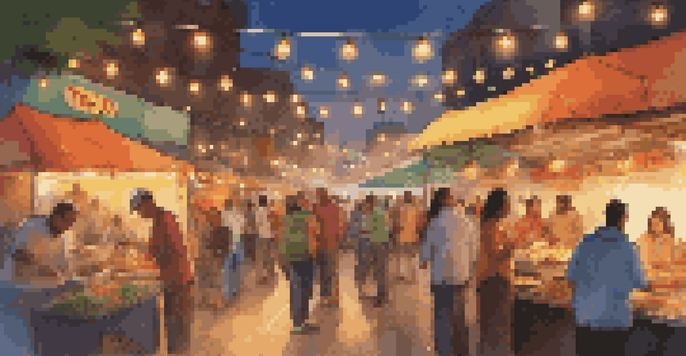 A lively street food market at dusk, filled with colorful stalls and vendors serving diverse dishes to a crowd of happy diners.