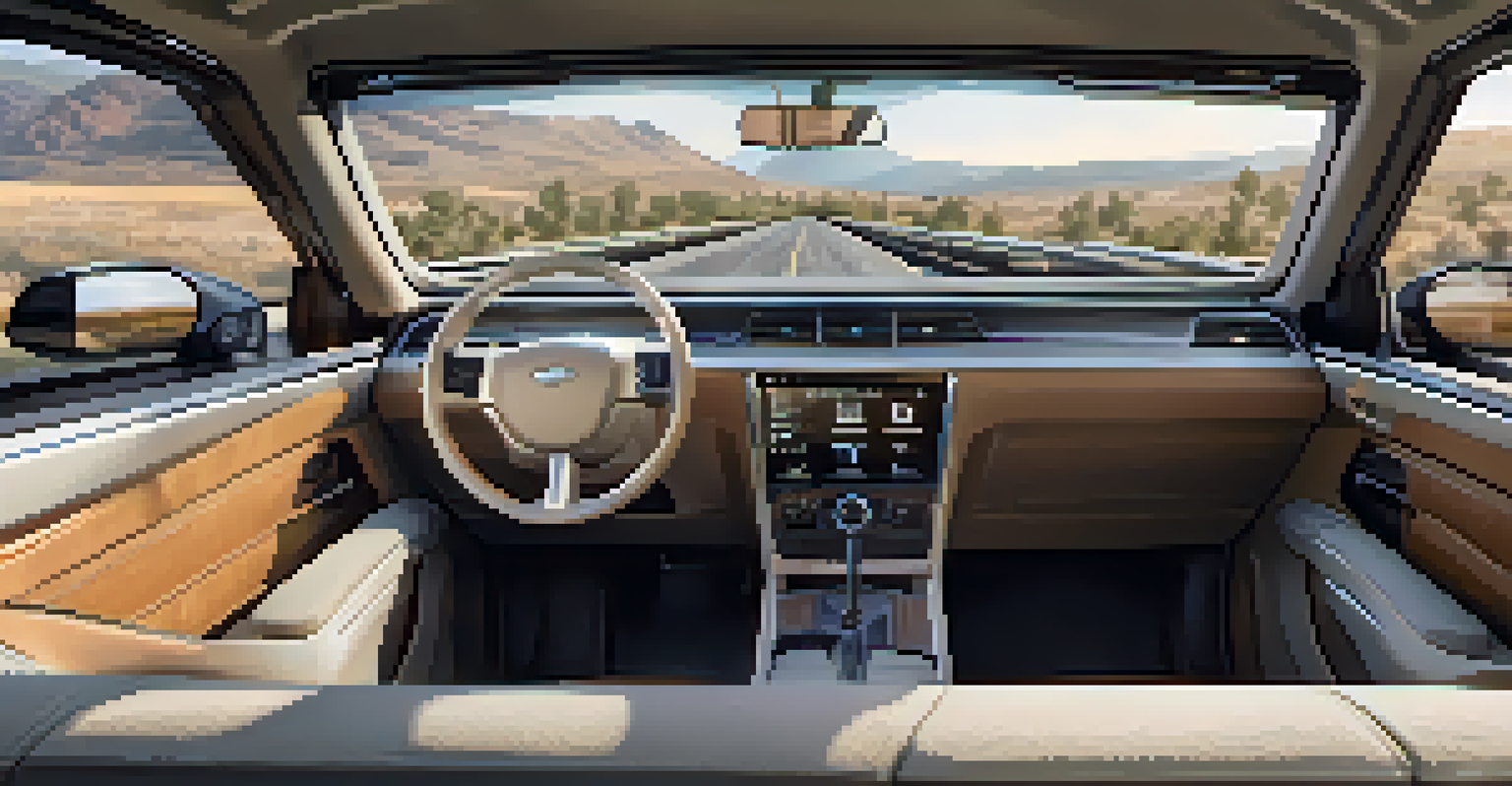 The interior of a modern vehicle showcasing comfortable seating and a spacious dashboard, illuminated by natural light, with entertainment features visible.