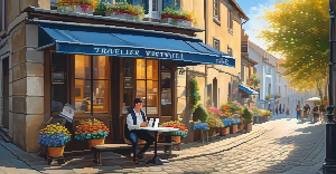 A traveler at a cafe with a laptop, enjoying a sunny European street view with flowers and rustic buildings.