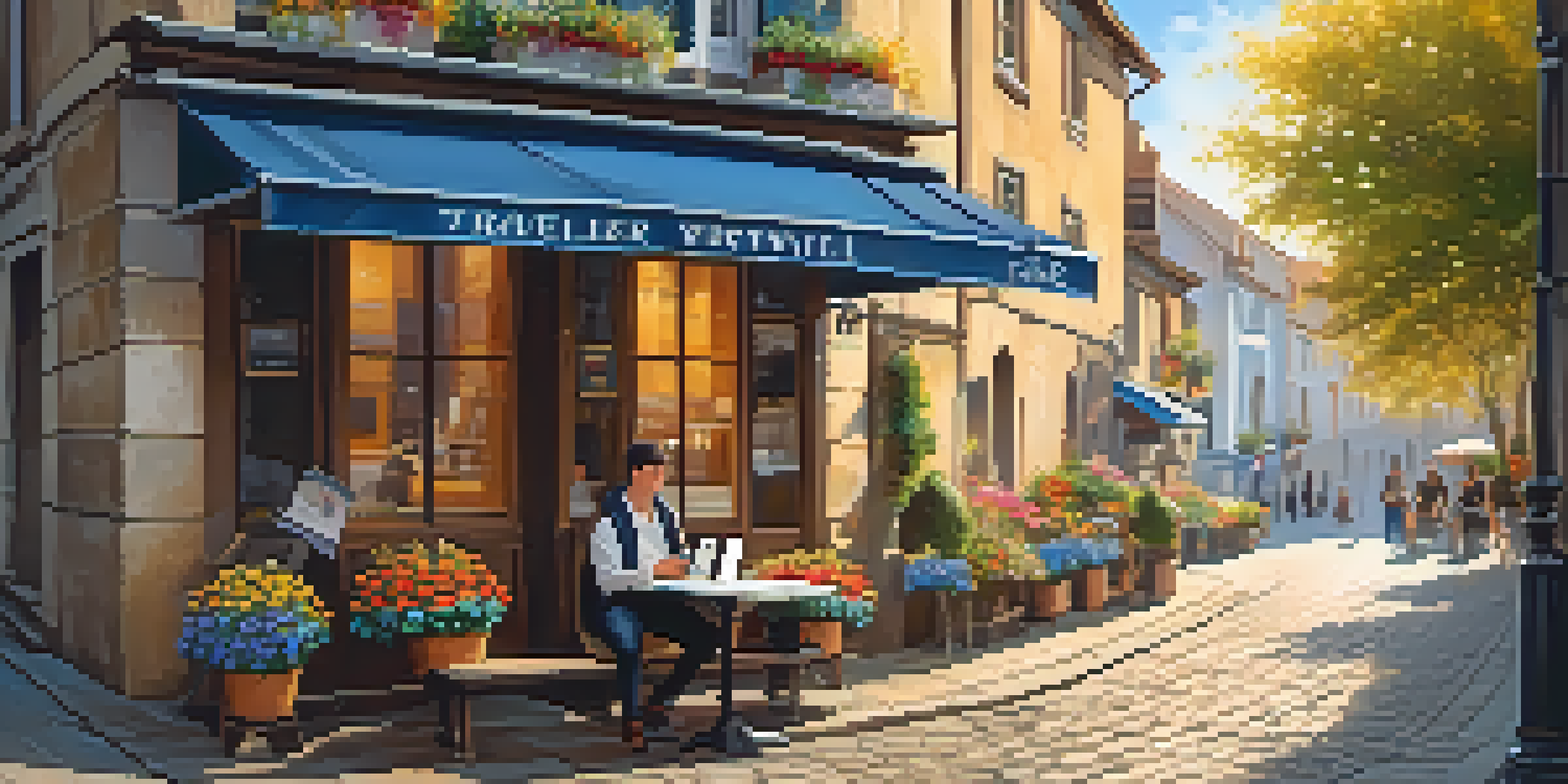 A traveler at a cafe with a laptop, enjoying a sunny European street view with flowers and rustic buildings.