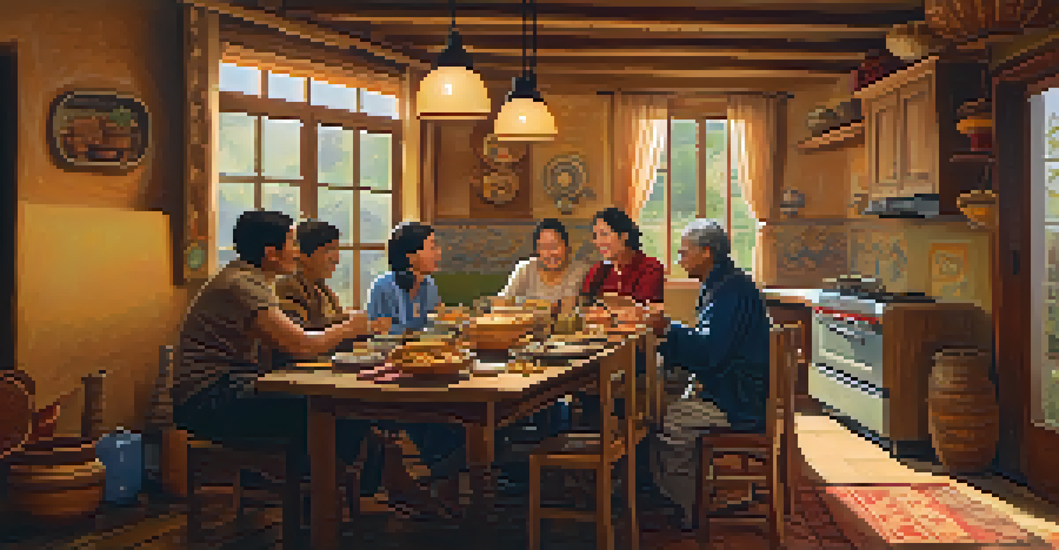 A traveler sharing a meal with a local family in a warm and inviting kitchen, surrounded by traditional dishes and cultural decor.