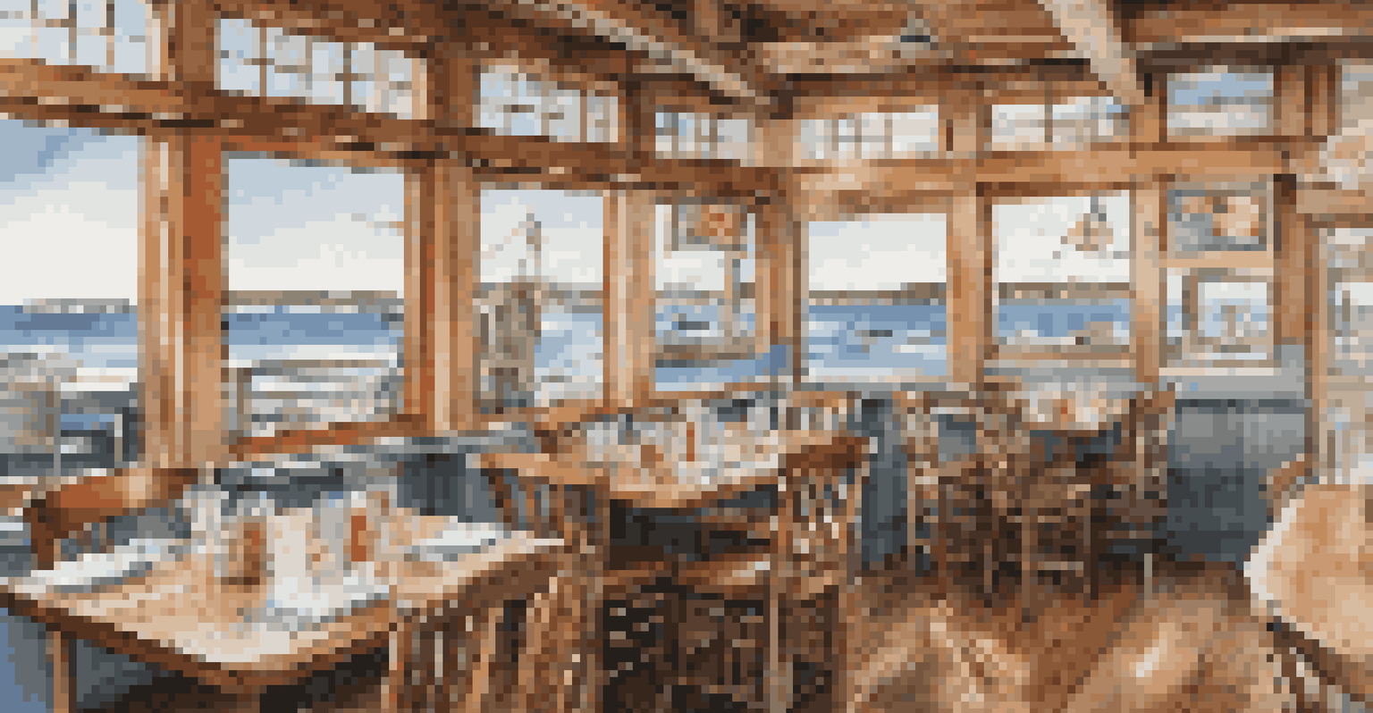 The Lobster Trap restaurant interior with seafood dishes and ocean views.