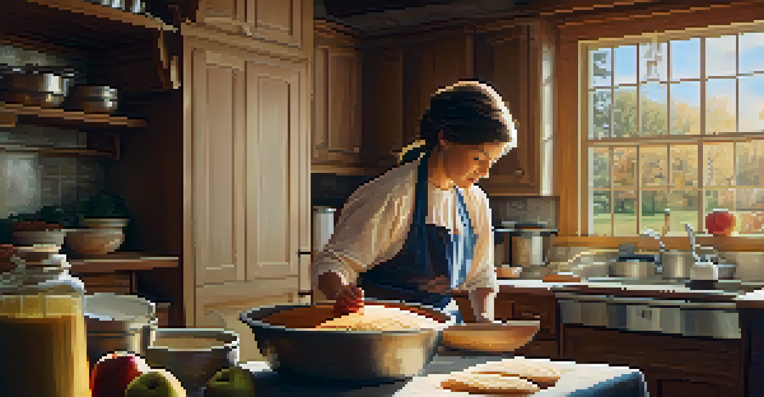 A grandmother prepares a traditional pie in a cozy kitchen, surrounded by fresh ingredients and warm natural light.