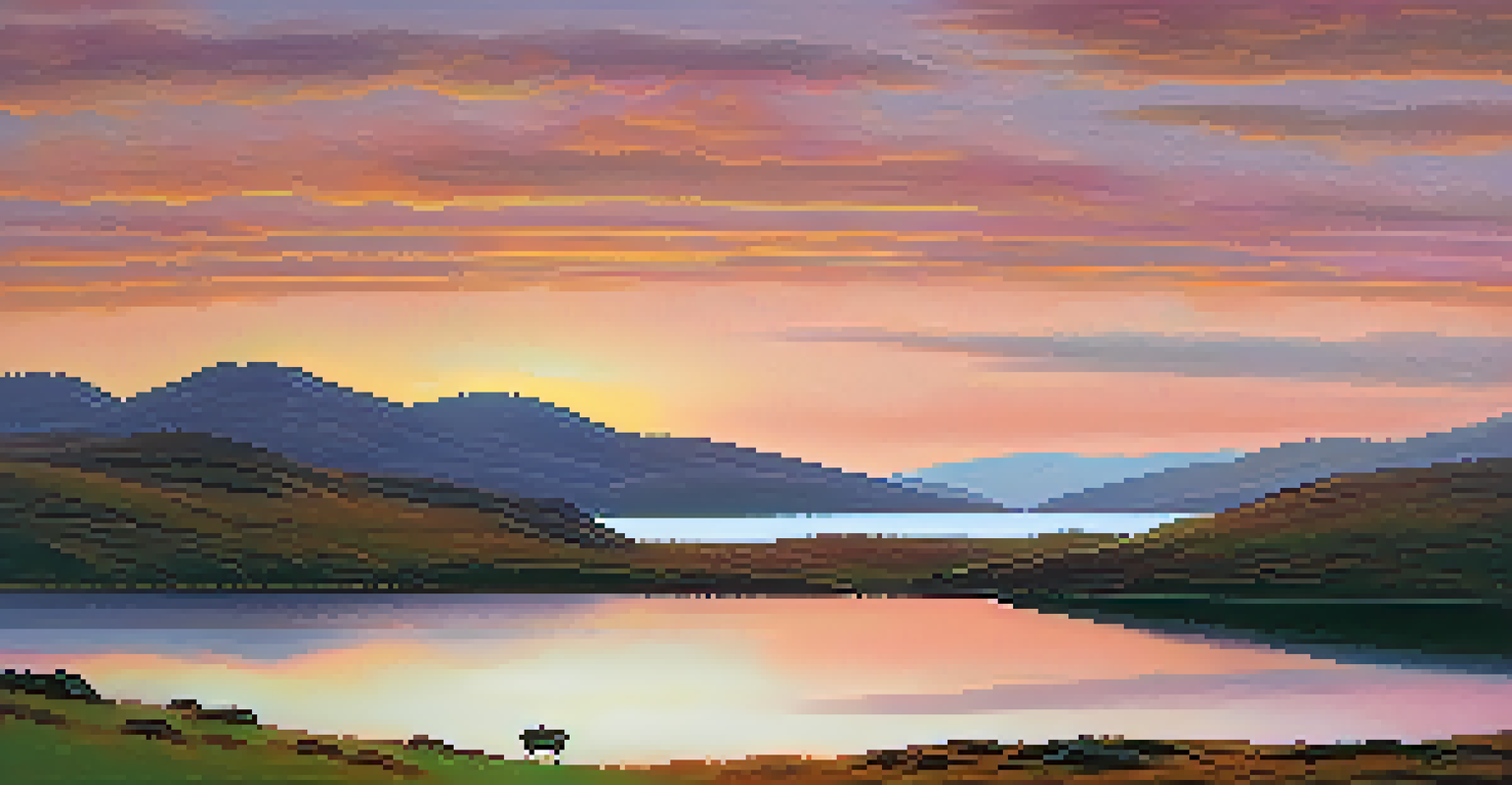 A tranquil sunset over the Scottish Highlands with rolling hills and a calm loch.
