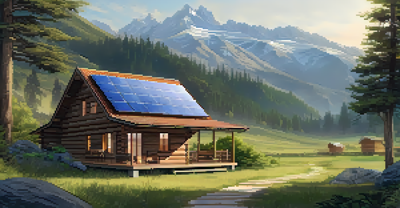 A rustic wooden cabin with solar panels surrounded by gardens and mountains, representing eco-friendly accommodation.