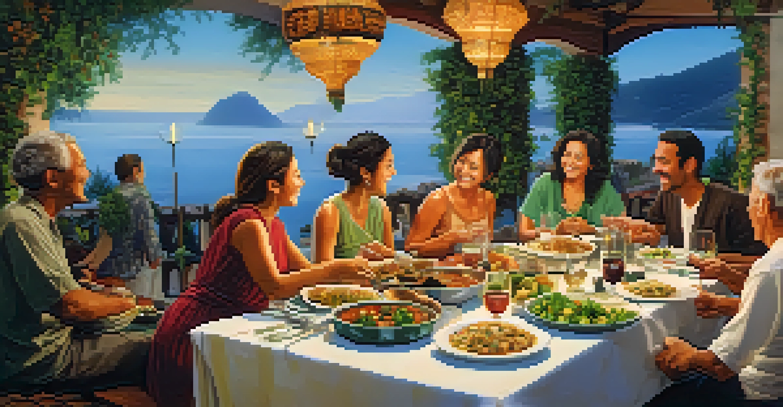 An intimate dinner scene with locals and travelers sharing a meal around a table filled with diverse dishes, surrounded by warm lighting and joyful expressions.