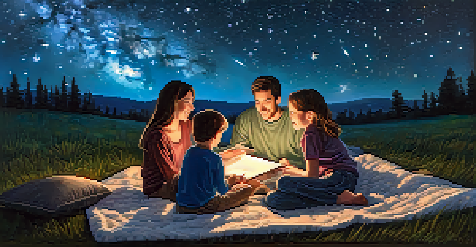 A family lying on a blanket at night, stargazing at a sky full of stars and the Milky Way.