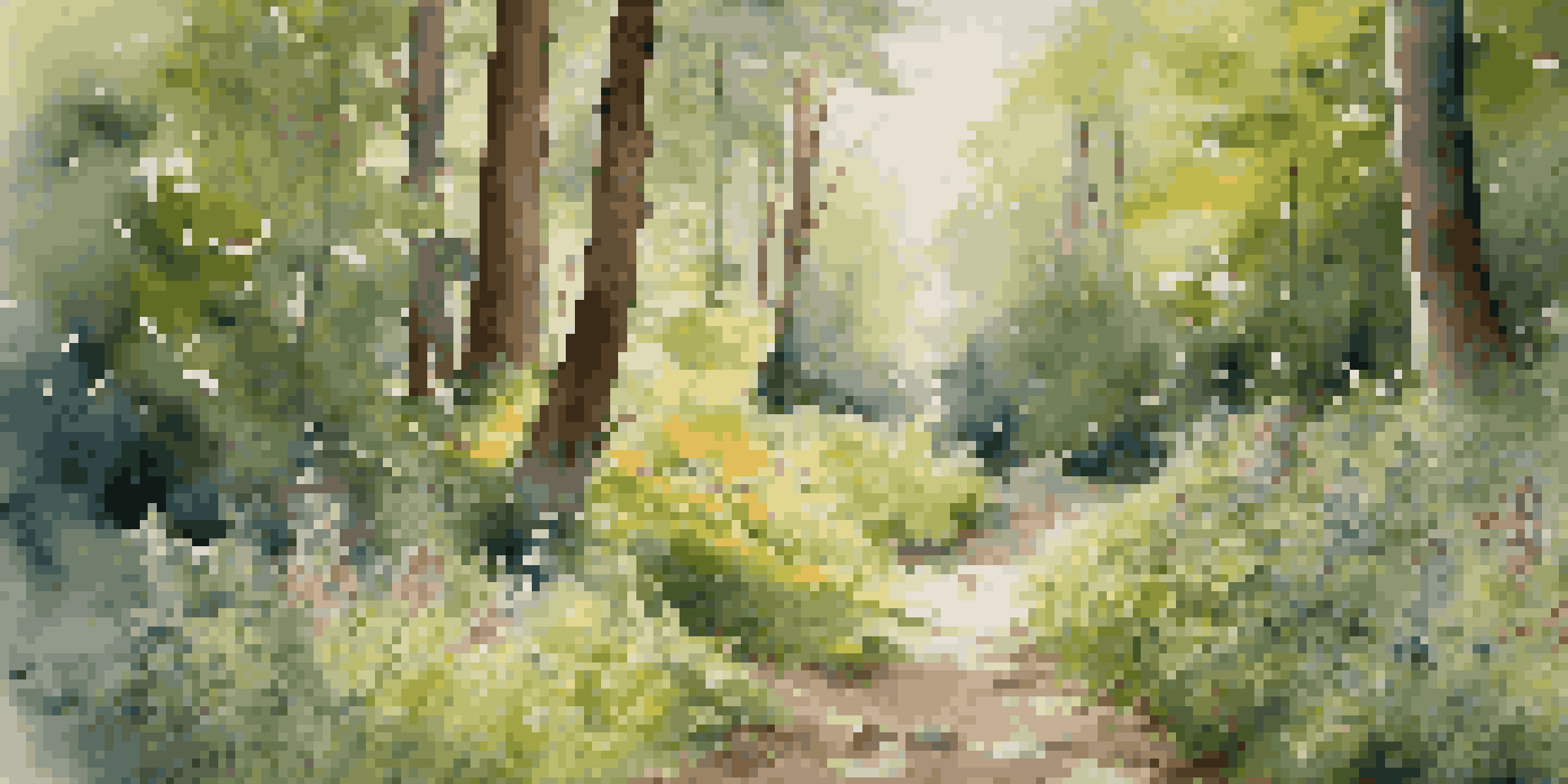 A peaceful forest with a clear hiking path, vibrant wildflowers, and sunlight shining through the trees.