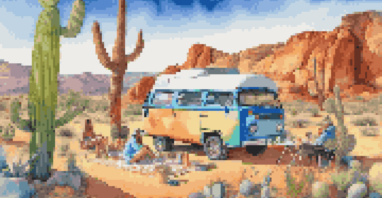 A couple having a picnic in front of their colorful van in a desert setting, with cacti and a clear blue sky.