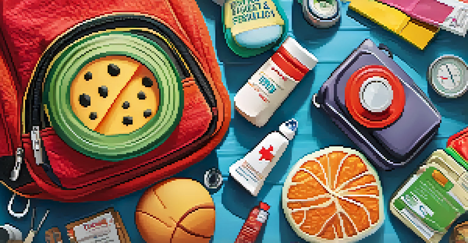 A close-up of a colorful child's backpack packed with travel essentials like snacks and a travel pillow, set in a cozy travel environment.