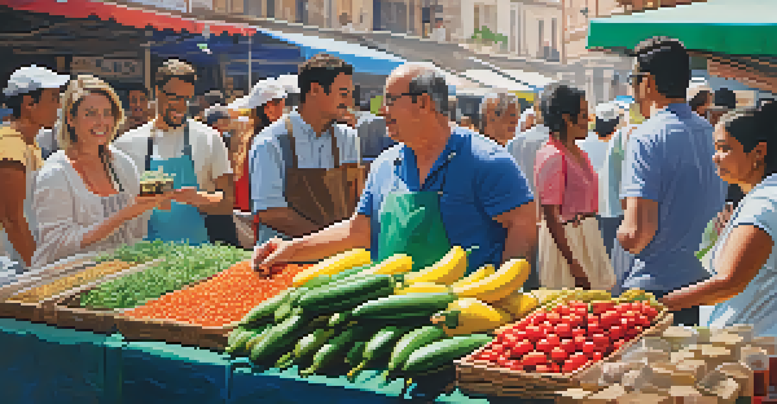 A bustling market scene where a local guide is leading a group in tasting various street foods, surrounded by colorful stalls and vibrant interactions.