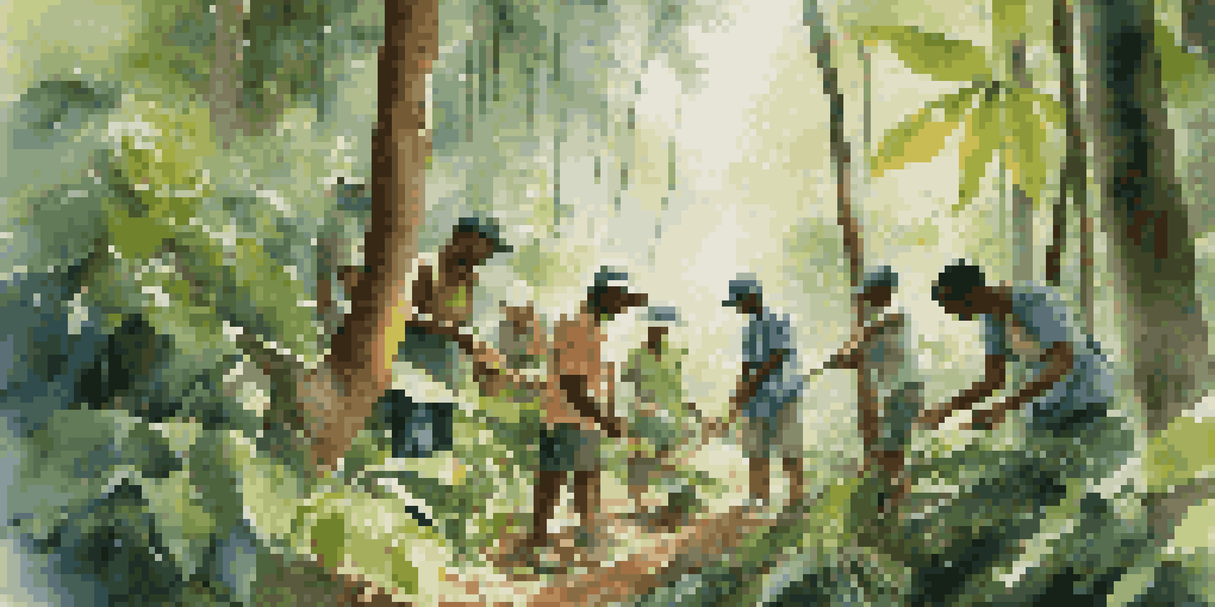 Diverse group of travelers planting trees in a lush tropical forest, with sunlight filtering through the leaves.