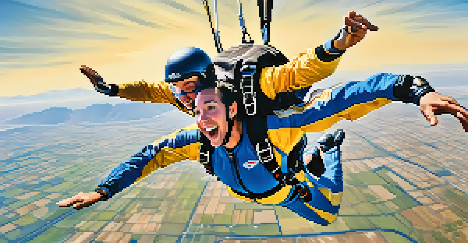 A tandem skydiving duo, an instructor and a first-time jumper, smiling while leaping from an aircraft against a clear sky and distant mountains.