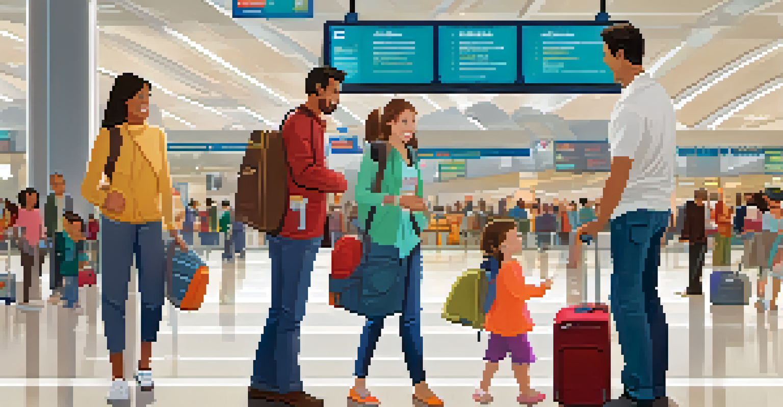 A family at an airport terminal checking in for their flight, with luggage and flight information displayed in the background.