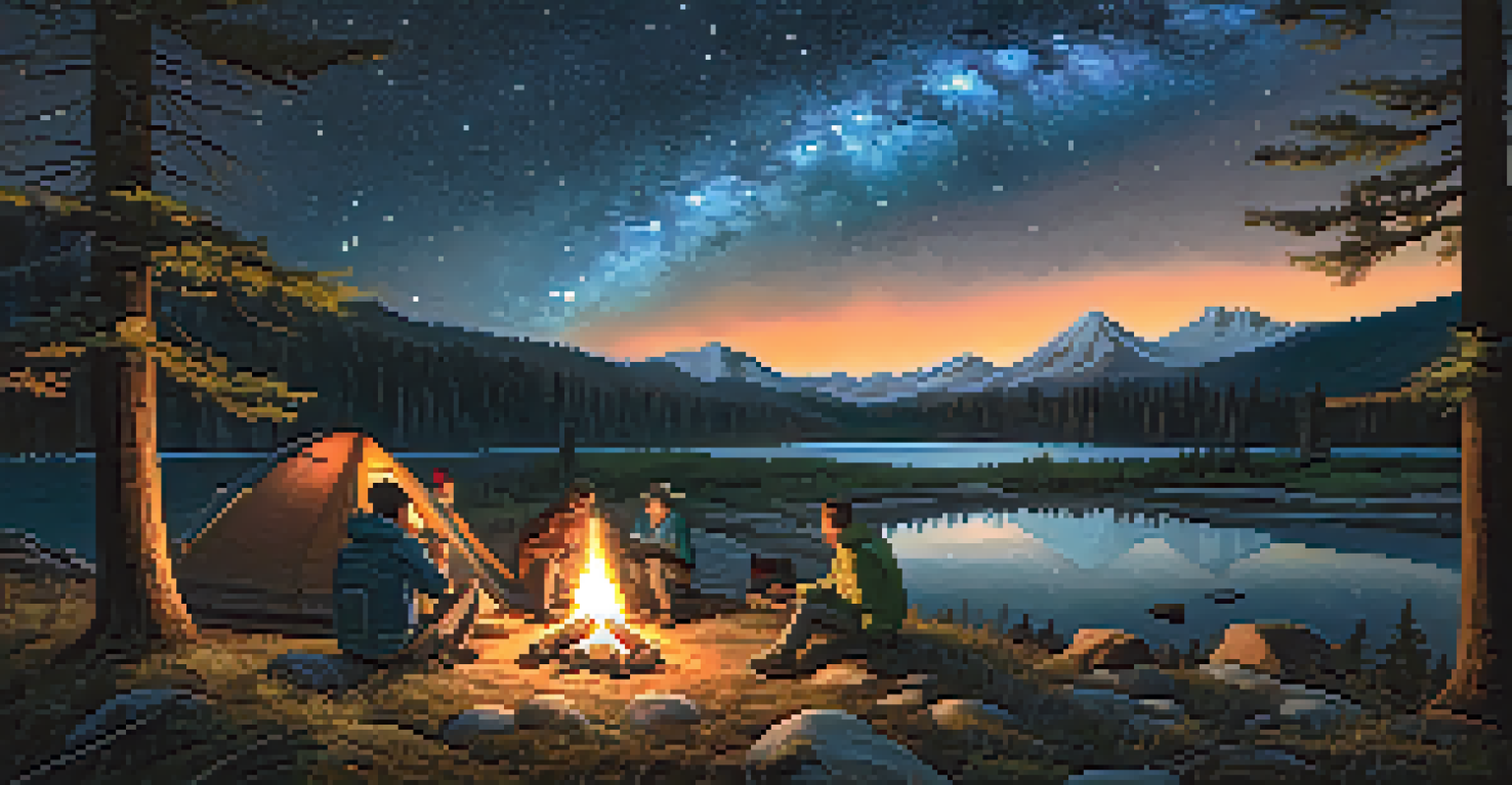 A campsite with friends around a campfire under a starry sky.