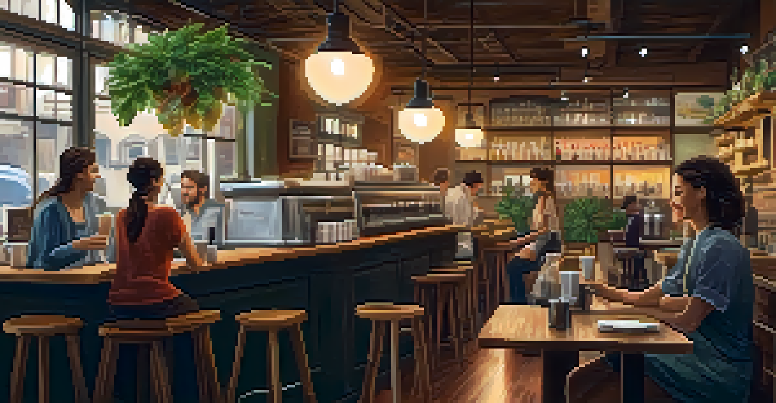 A cozy café scene with a barista serving coffee, rustic wooden tables, and smiling patrons, creating a warm atmosphere.