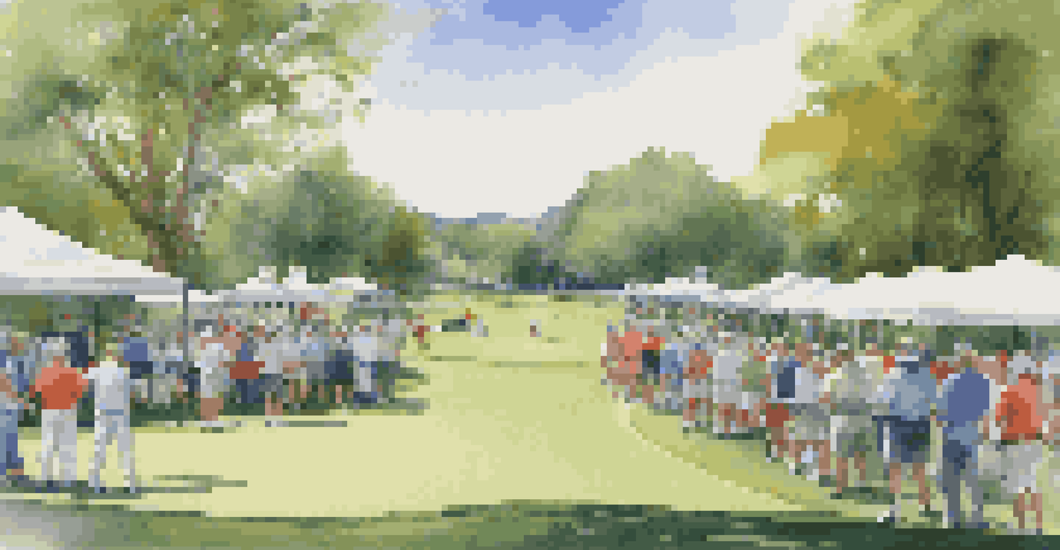 A crowded golf tournament area with portable seating, attendees engaged in conversation, and colorful banners under a blue sky.