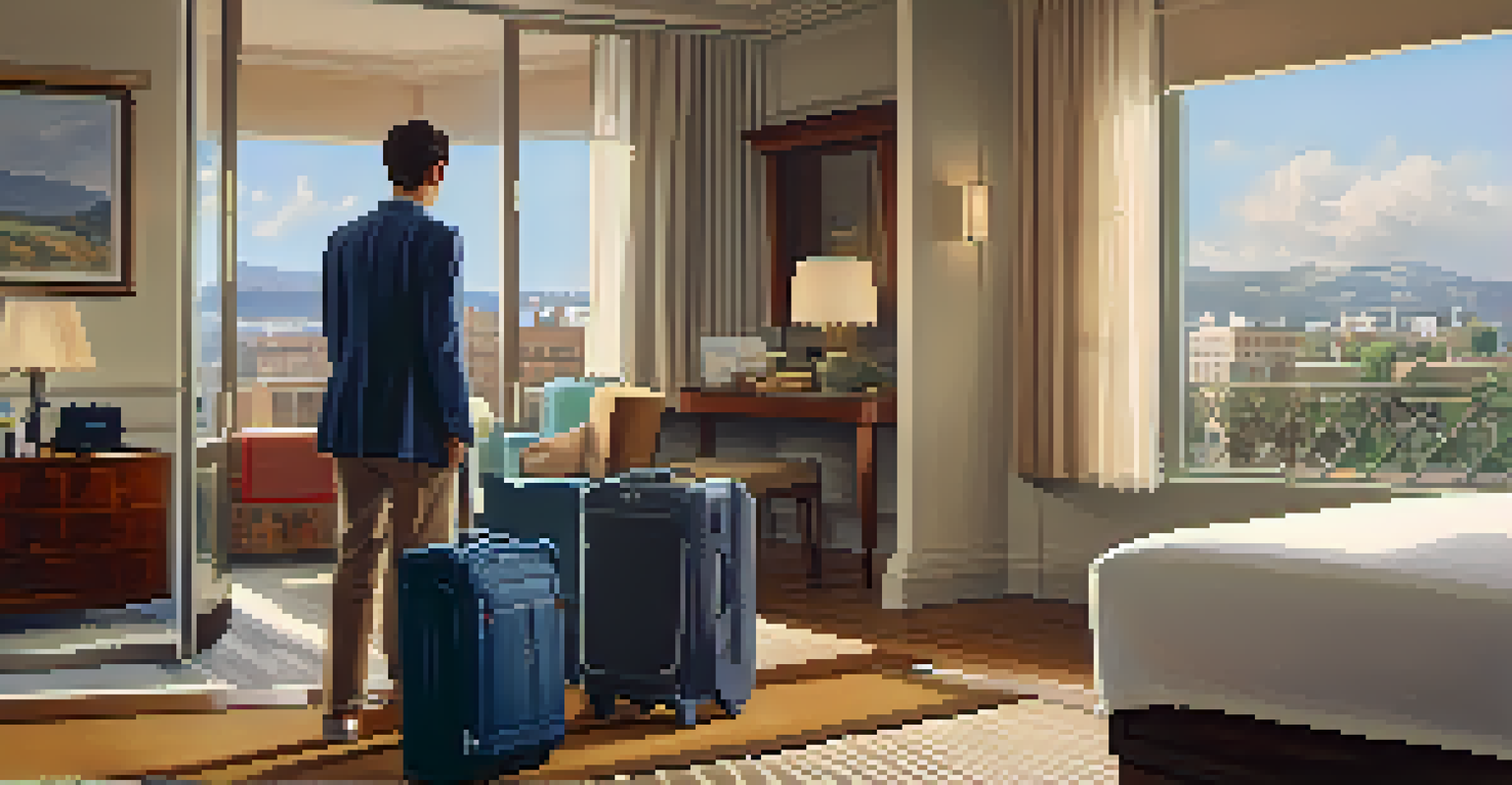 A traveler unpacking a suitcase in a charming hotel room filled with natural light and city views.
