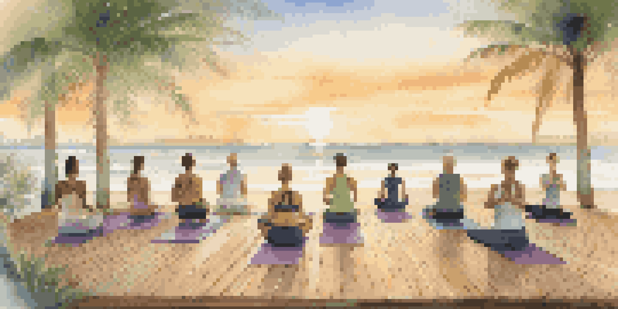 A diverse group of individuals practicing yoga on a wooden deck by the beach at sunrise, surrounded by palm trees.