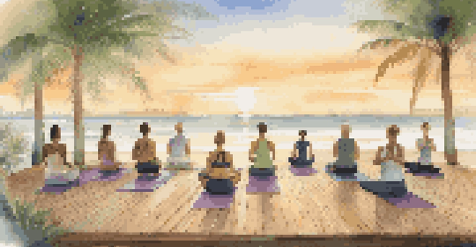 A diverse group of individuals practicing yoga on a wooden deck by the beach at sunrise, surrounded by palm trees.