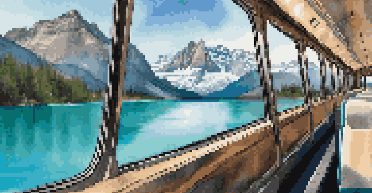 A breathtaking view from the Rocky Mountaineer train, featuring mountains and turquoise lakes, with passengers enjoying the scenery.