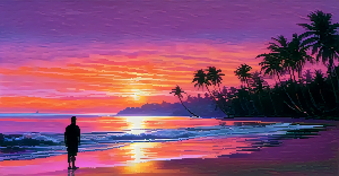 A tranquil beach scene at sunset with colorful skies and a person standing by the water's edge.