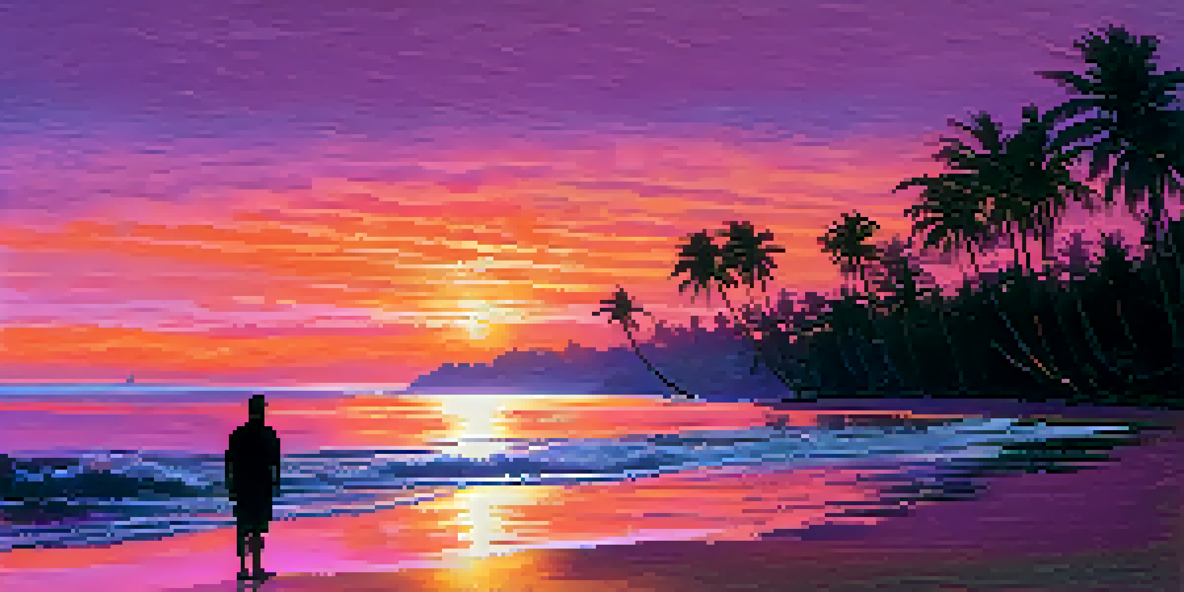 A tranquil beach scene at sunset with colorful skies and a person standing by the water's edge.
