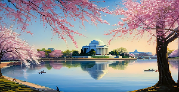 A picturesque scene of cherry blossoms in Washington, D.C. near the Jefferson Memorial, with people admiring the flowers under a clear blue sky.
