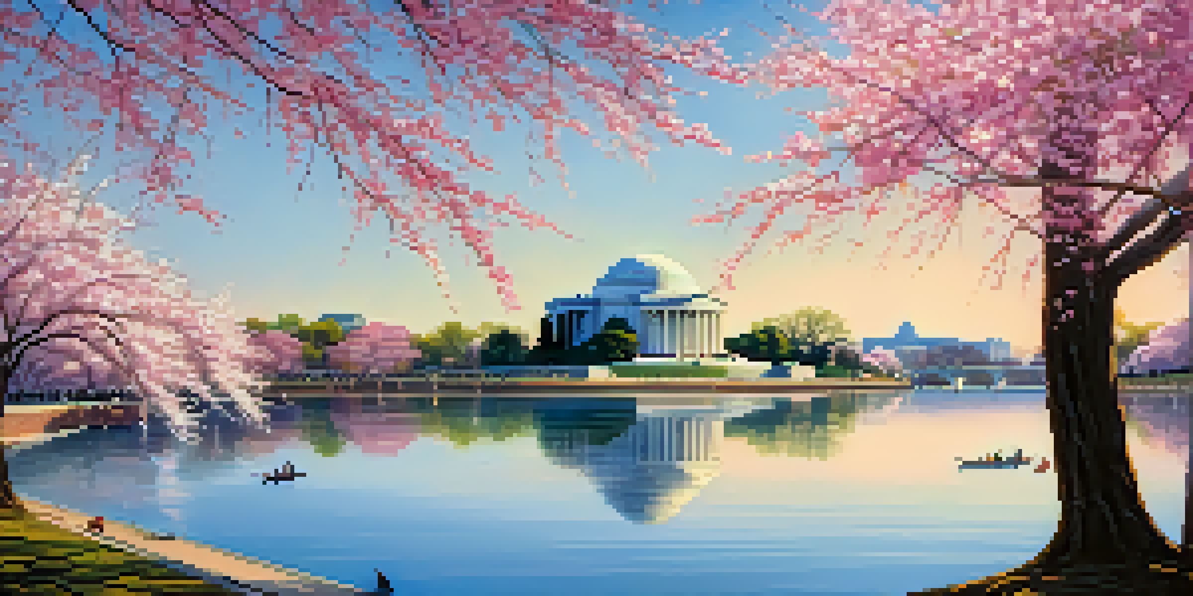 A picturesque scene of cherry blossoms in Washington, D.C. near the Jefferson Memorial, with people admiring the flowers under a clear blue sky.