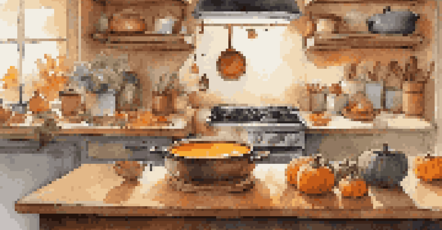 A warm kitchen with a person preparing pumpkin soup, surrounded by fresh pumpkins and herbs, bathed in soft lighting.