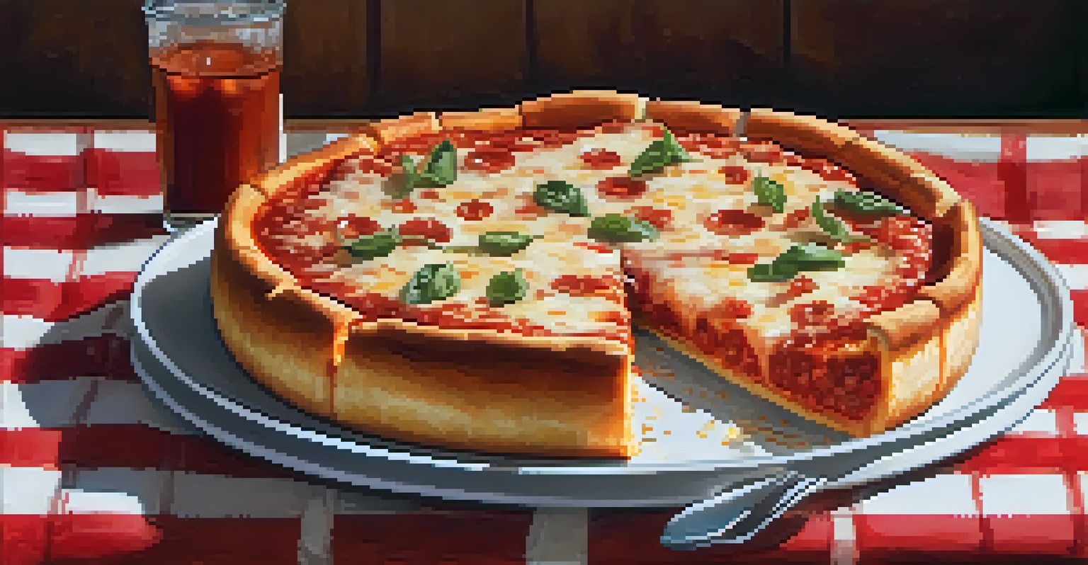 An aerial view of a sliced Chicago deep-dish pizza on a wooden table with a checkered tablecloth.