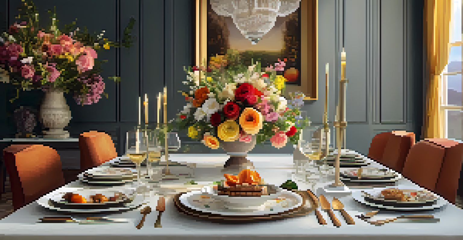 A dining table elegantly set for a themed dinner party with a variety of colorful dishes and soft candlelight creating a warm ambiance.