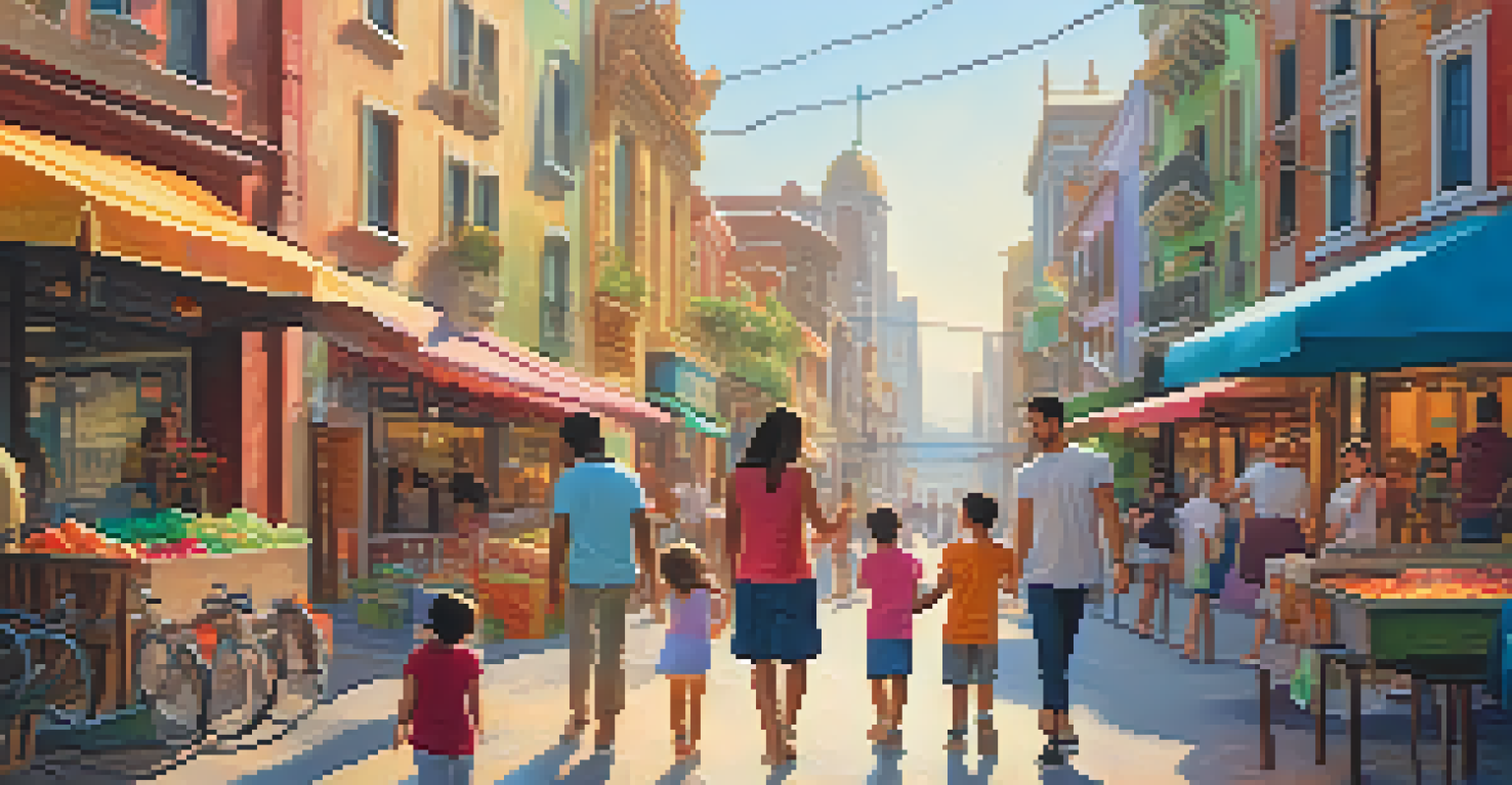 A family exploring a colorful city, children pointing at attractions on a smartphone while enjoying their surroundings.