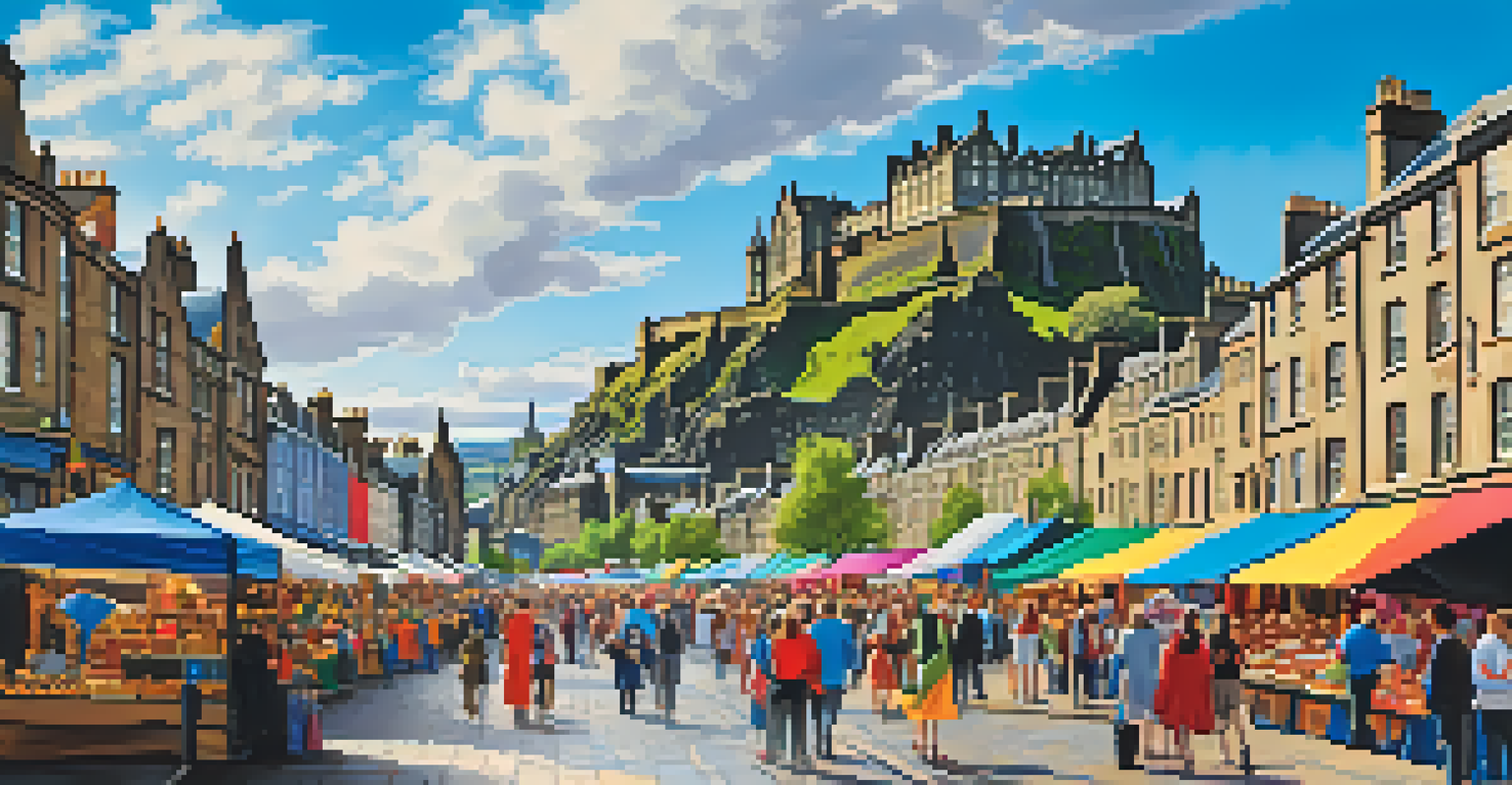 A scenic view of Edinburgh's skyline with the castle, bustling festival activities below, and a clear blue sky.