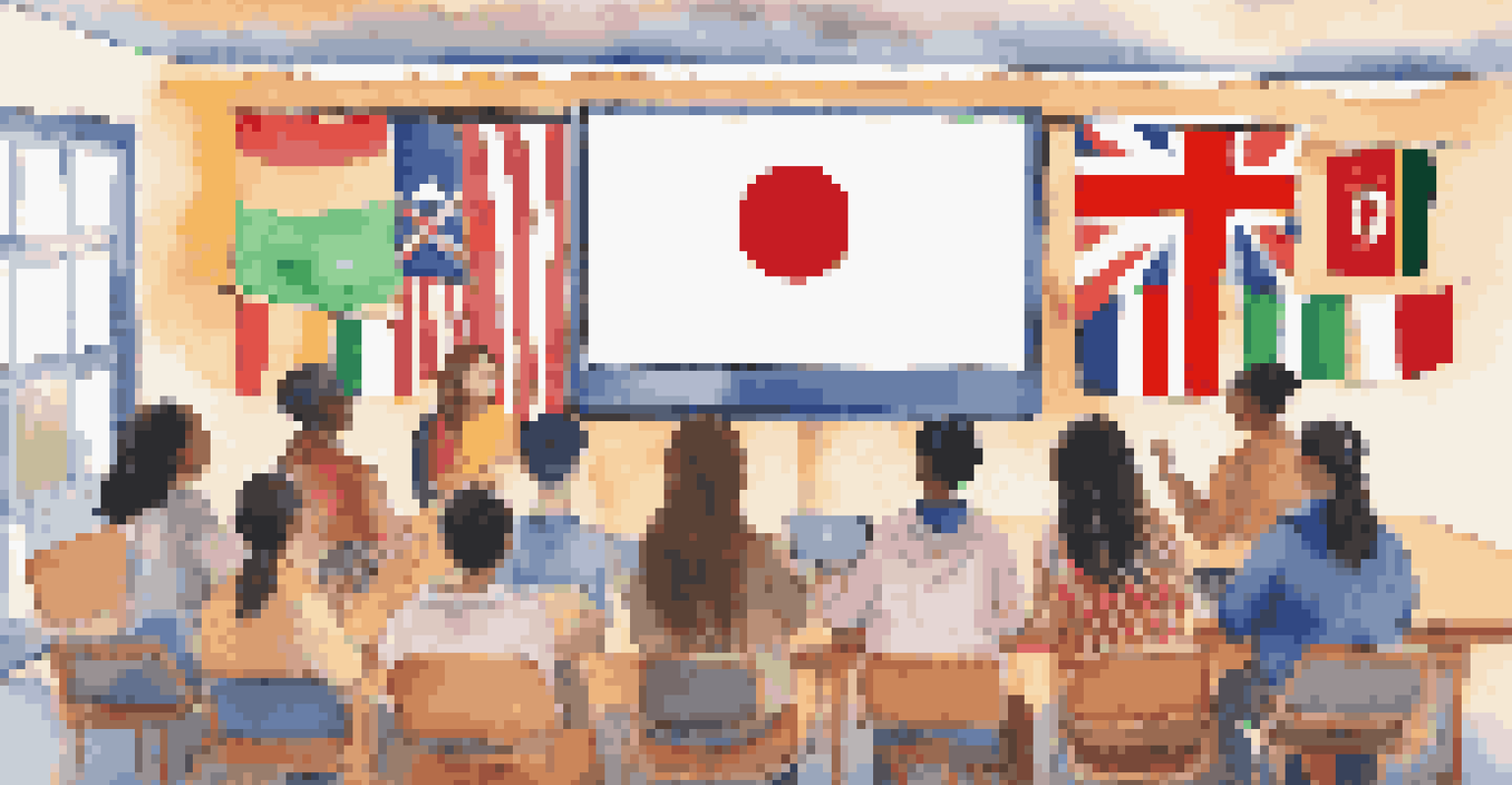 A virtual classroom with students from different cultures participating in a video call, displaying flags of various nations.