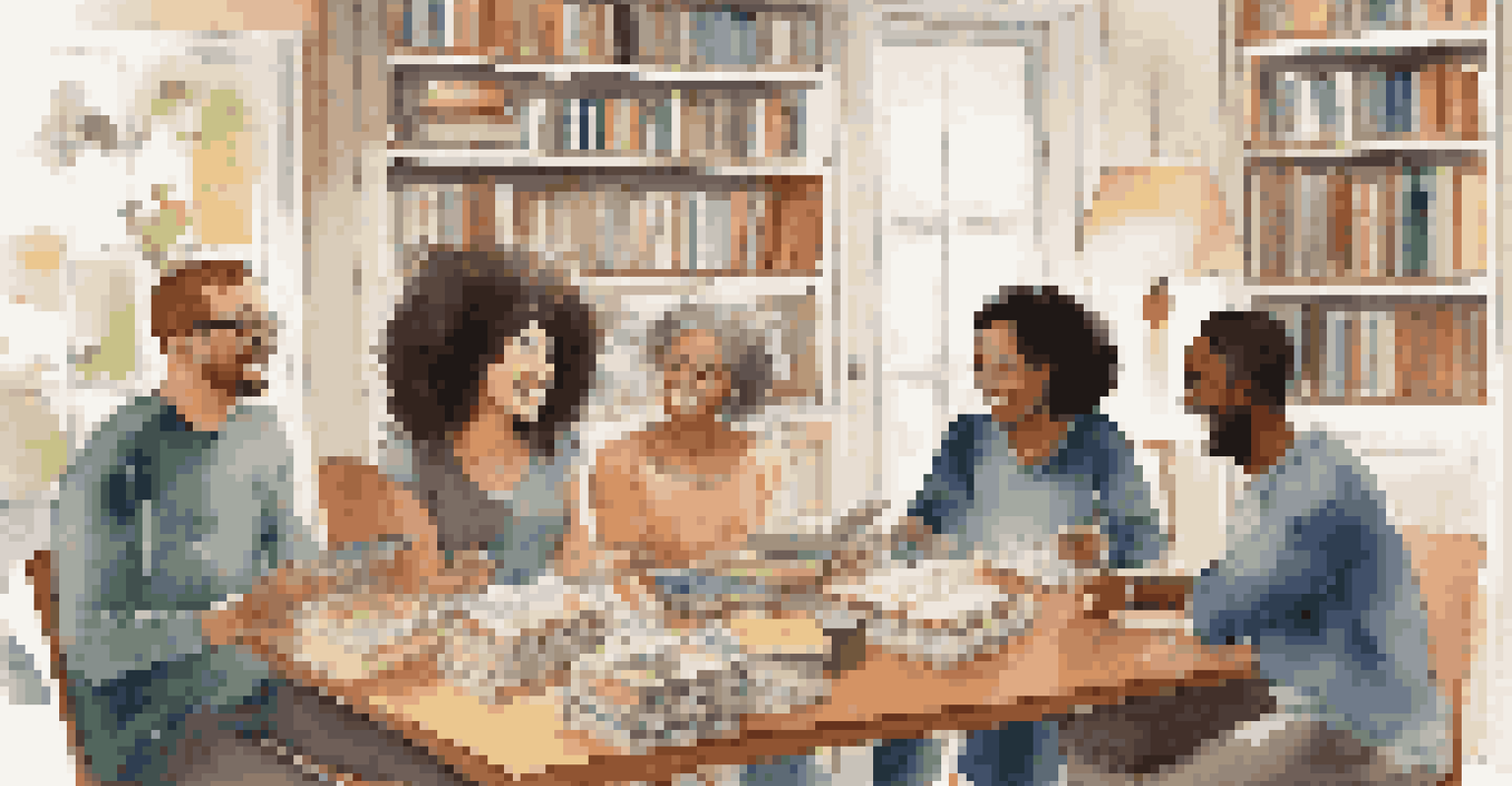 A cozy room with friends participating in a language exchange, surrounded by books and flashcards.