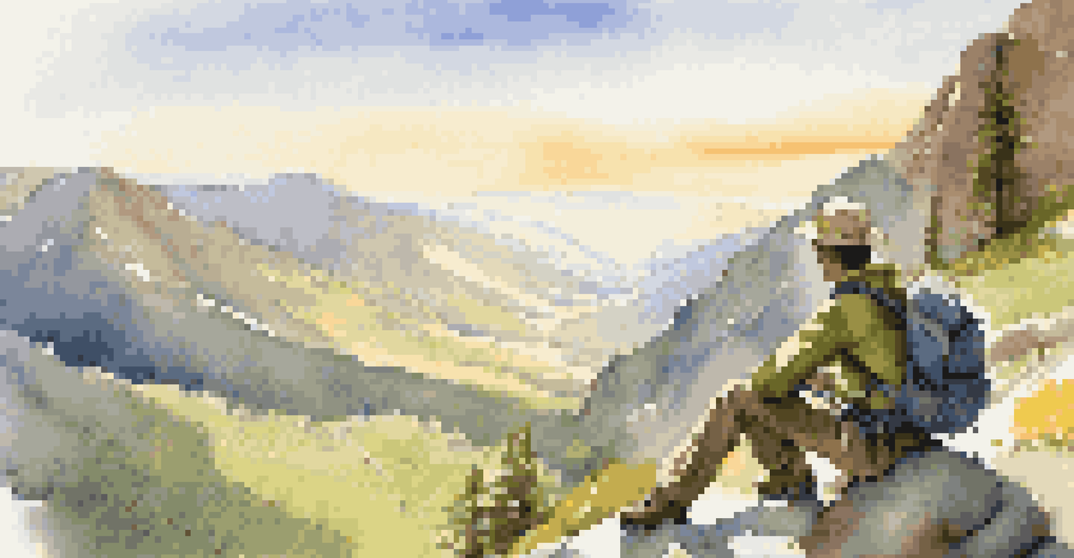 A hiker using a map and compass on a mountain trail with a beautiful valley view.