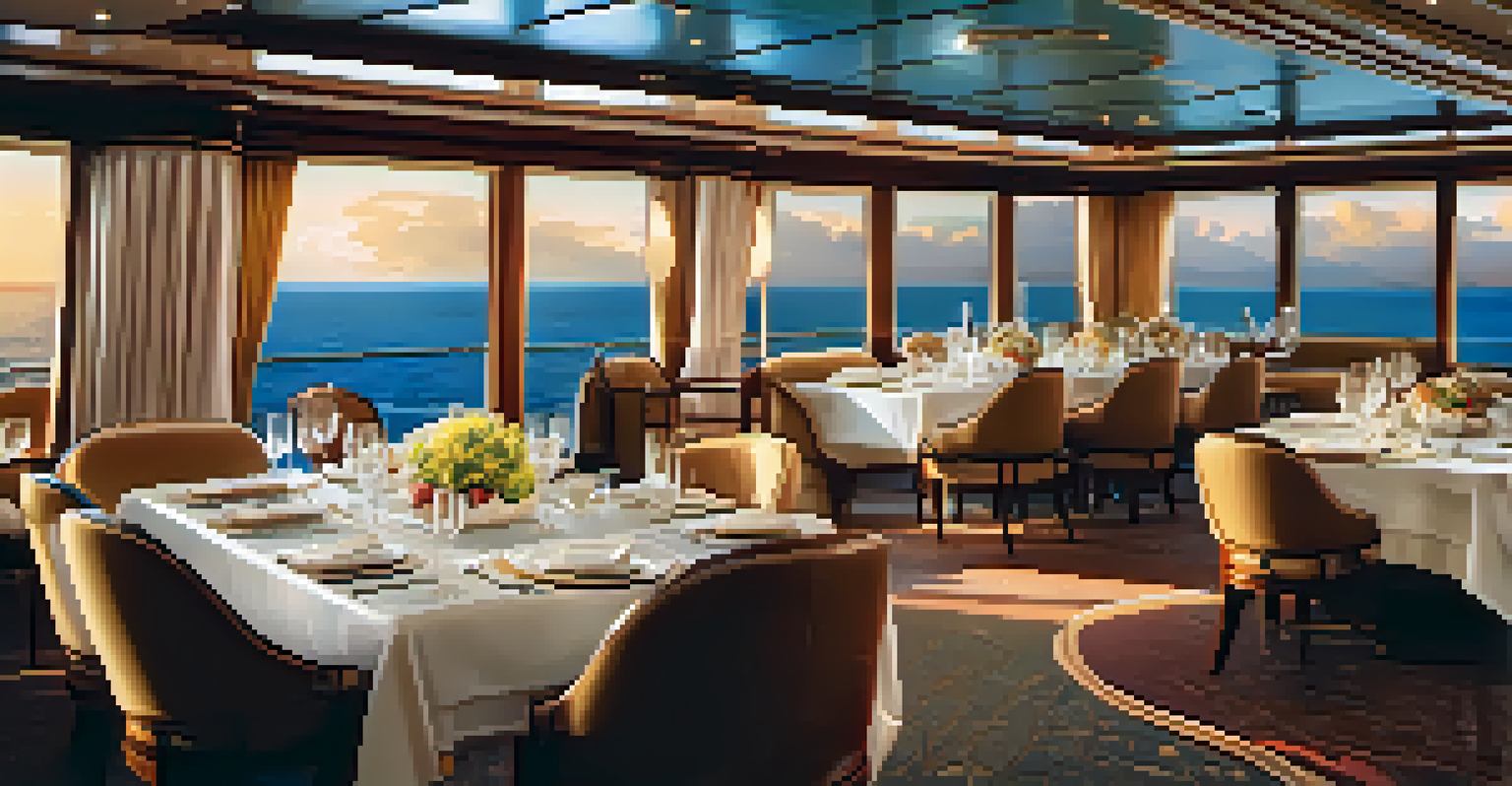 An elegant dining table on a luxury cruise ship with gourmet dishes and ocean views.